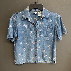 Vtg 90s Village Sport Liz Claiborne Petite Sm Chambray Paisley Snap Button Top